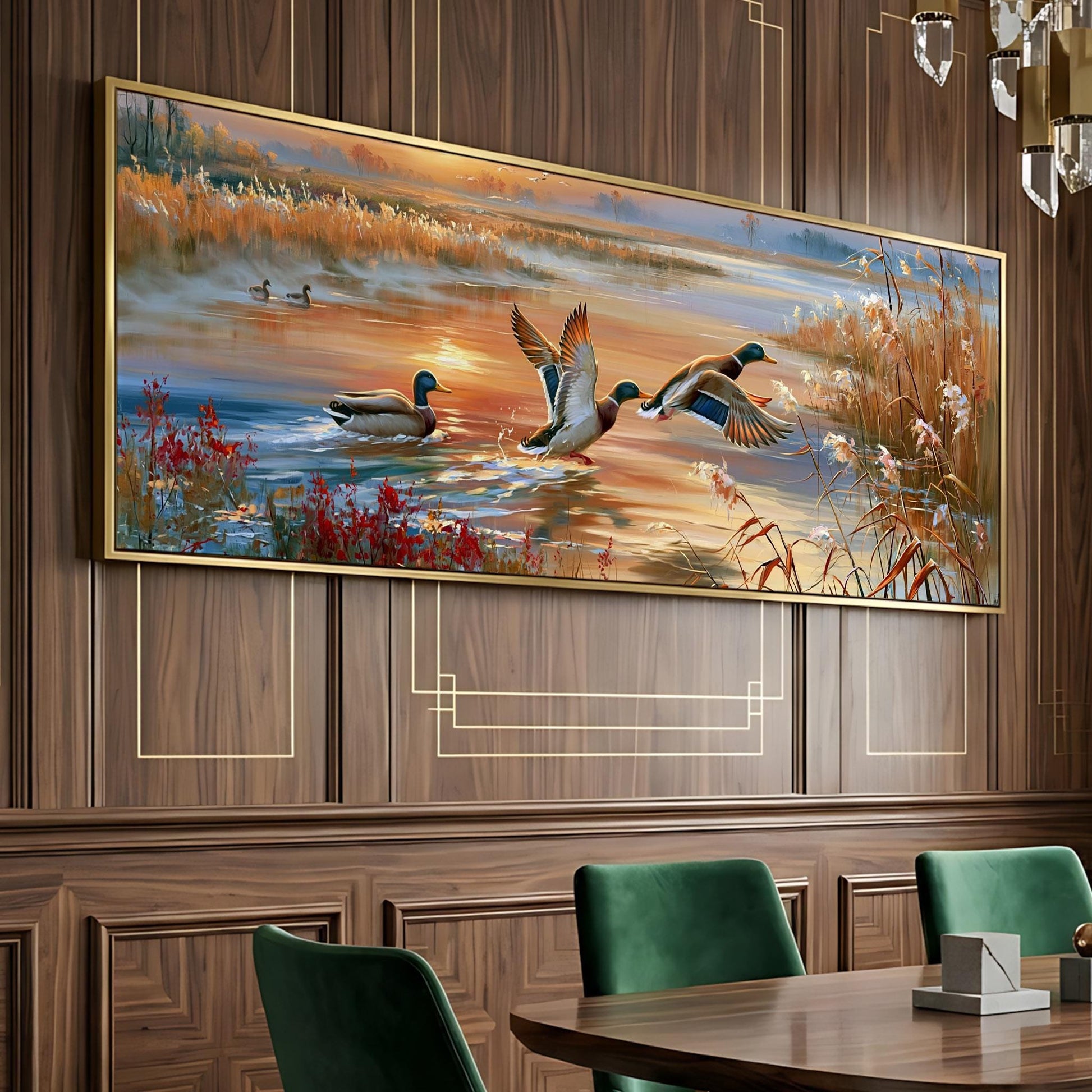 a large painting of ducks in a pond, hanging on a wooden wall above a dining table with green chairs.