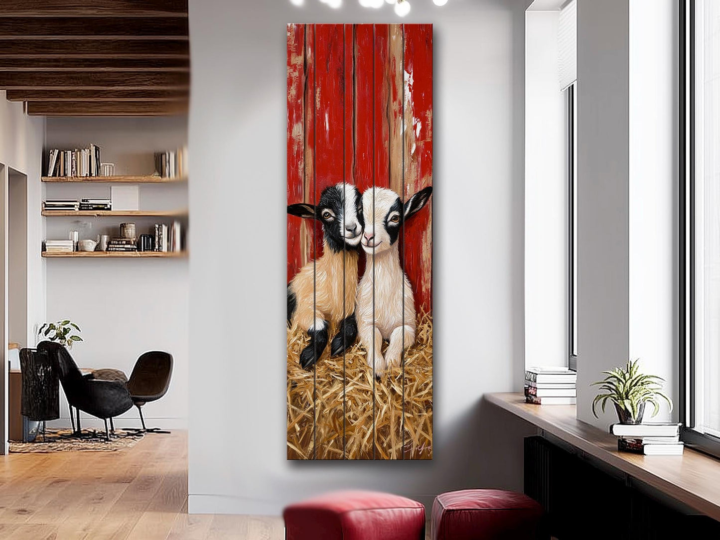 Rustic Wood Wall Art – Two Baby Goats Resting in Straw Next to Red Barn Wall, Farm Animal Print on Natural Linden Wood, Farmhouse Decor