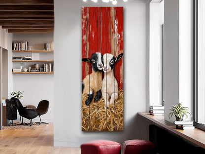 Rustic Wood Wall Art – Two Baby Goats Resting in Straw Next to Red Barn Wall, Farm Animal Print on Natural Linden Wood, Farmhouse Decor