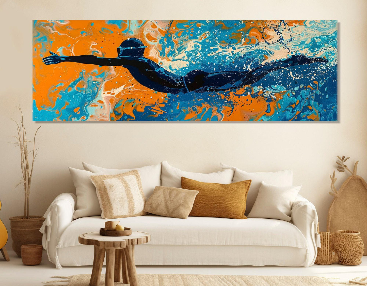 Abstract Swimmer Painting - Framed Canvas Print | Pop Art Swimming Wall Art Decor
