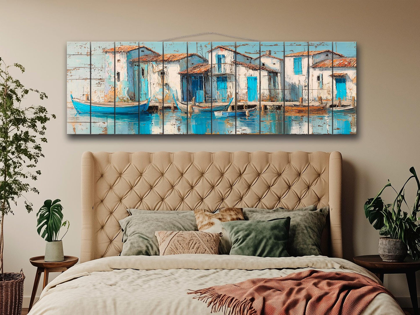 Seaside Village Print – Coastal Wall Art on Rustic Wood with Sky Blue Decor