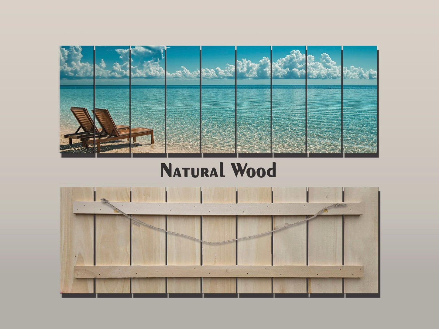 Scenic Beach with Deck Print on Natural Wood – Coastal Wall Art