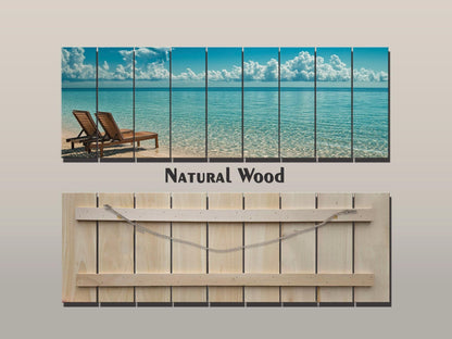 Scenic Beach with Deck Print on Natural Wood – Coastal Wall Art