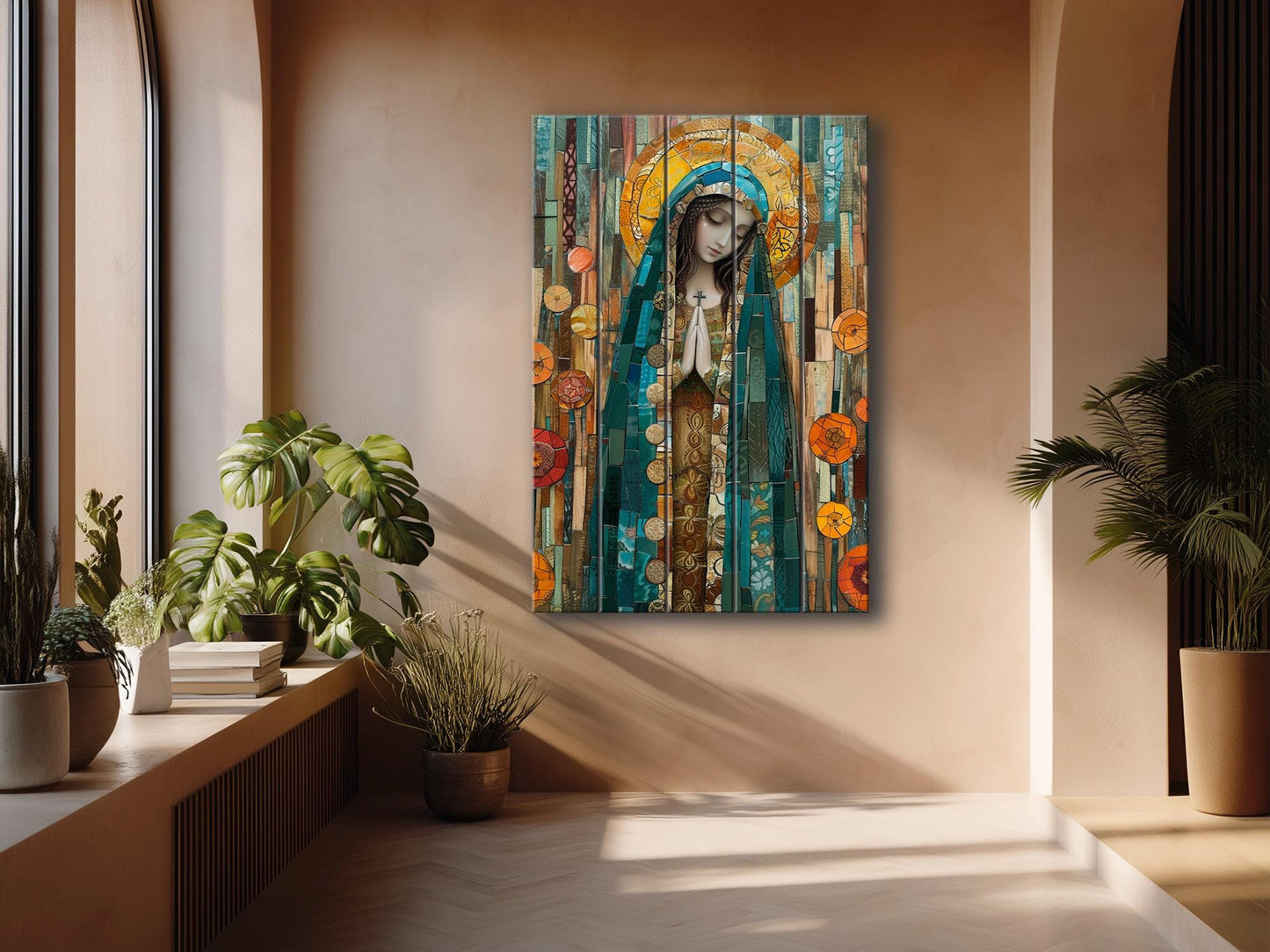 Saint Maria Wood Art – Natural Wood Print | Mosaic Religious Wall Decor