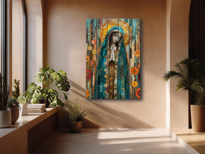 Saint Maria Wood Art – Natural Wood Print | Mosaic Religious Wall Decor