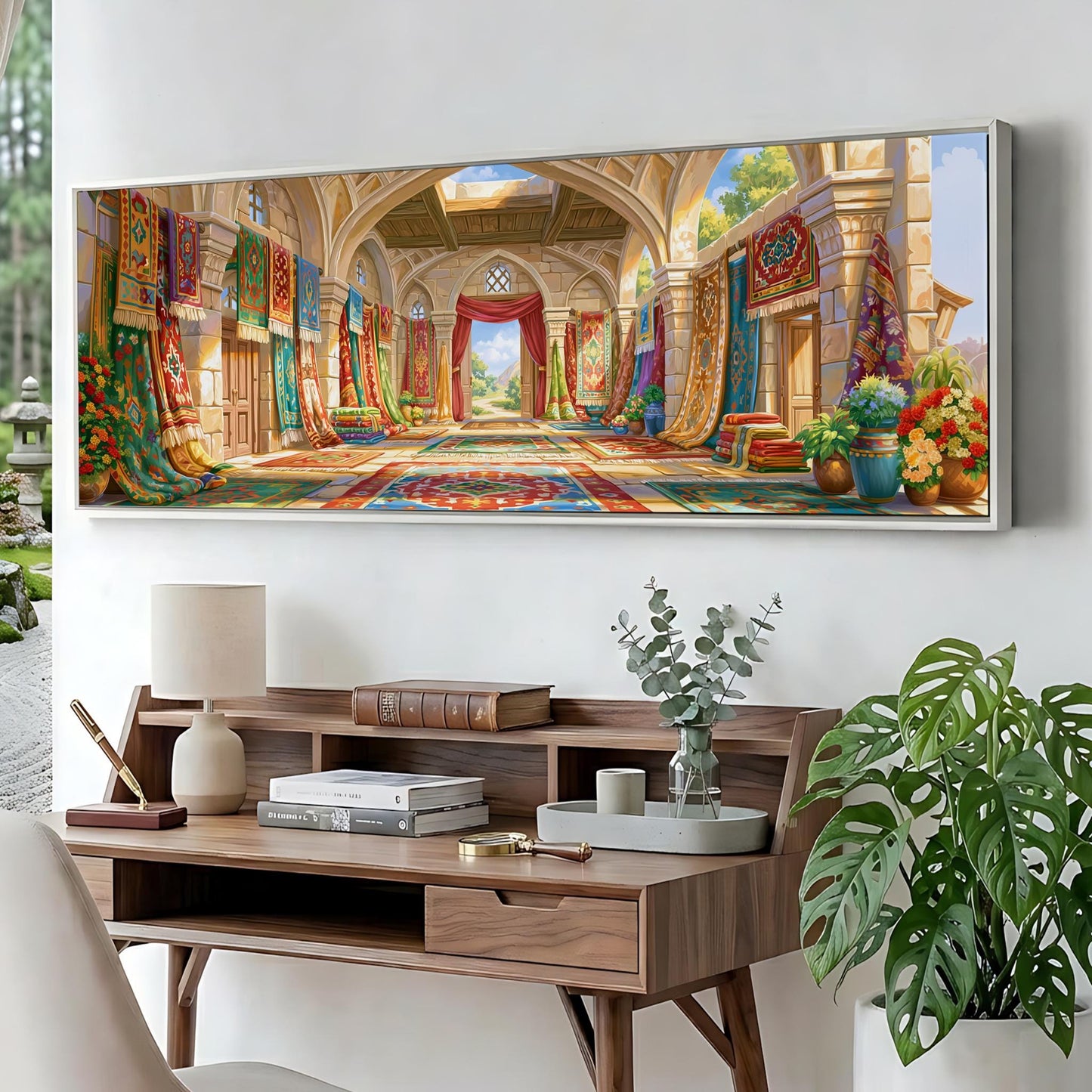 a large, colorful painting of an ornate, palace-like interior with intricate architectural details and vibrant tapestries hanging from the walls.