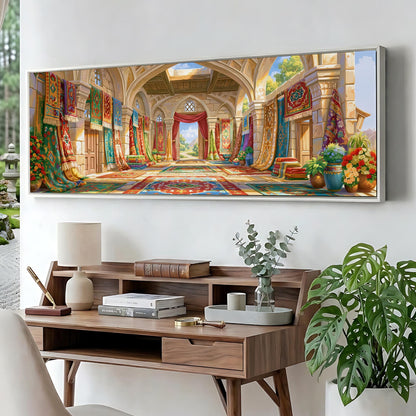 a large, colorful painting of an ornate, palace-like interior with intricate architectural details and vibrant tapestries hanging from the walls.