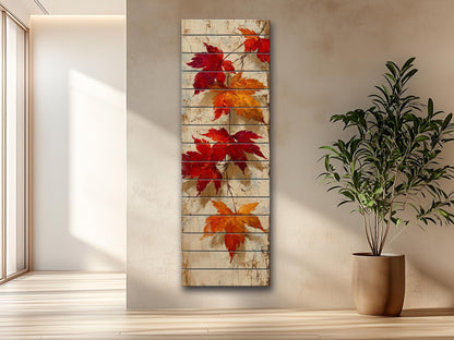 Rustic Wooden Wall Art – Falling Maple Leaves Print on Natural Wood Planks