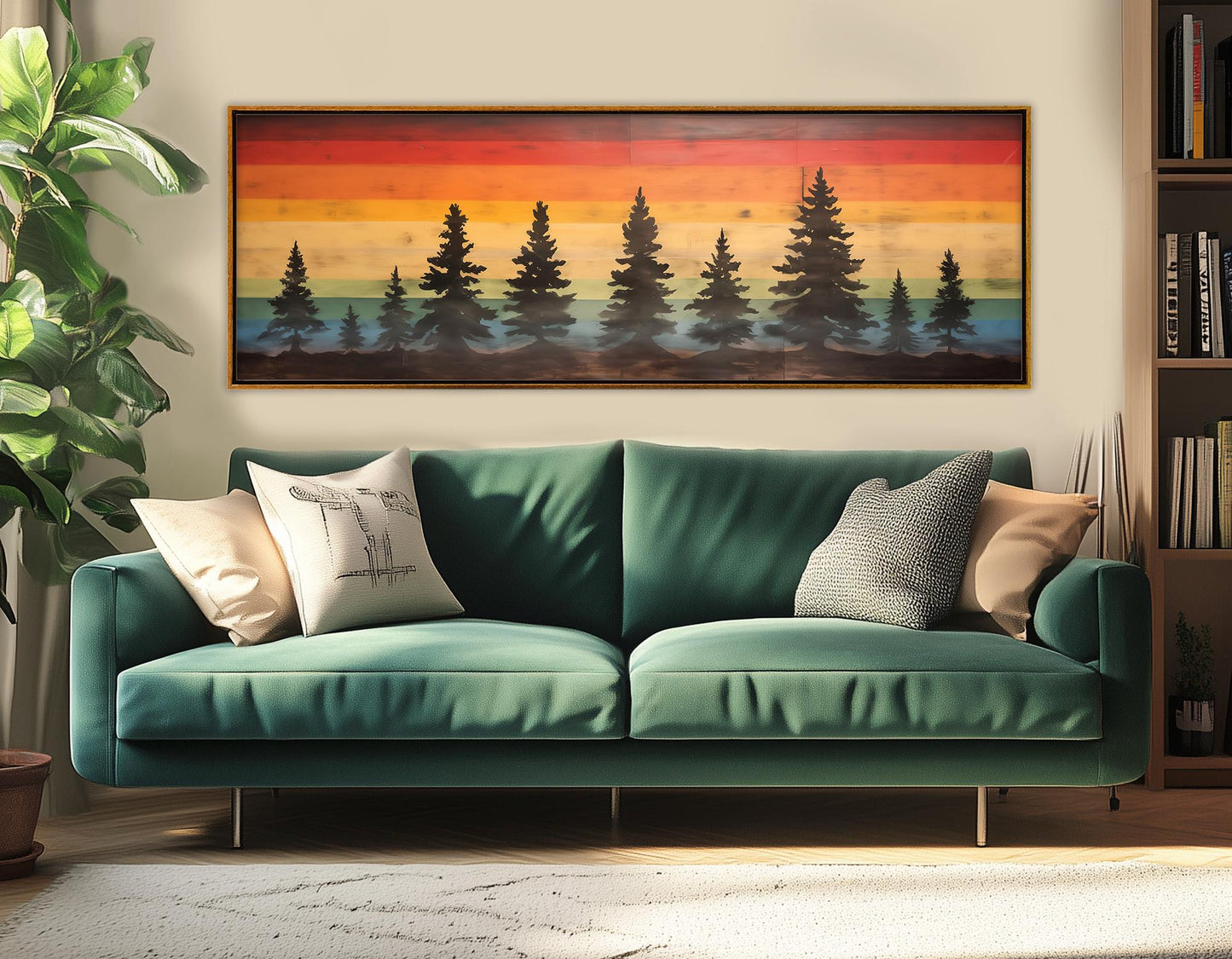 Rainbow Sunset Canvas Print – Retro Style Pine Trees Wall Art, Ready to Hang