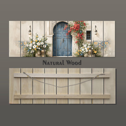 Moroccan Blue Door Canvas Print, Mediterranean Entryway Wall Art, Floral Courtyard Painting, Moroccan Decor