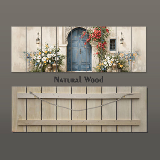 Moroccan Blue Door Canvas Print, Mediterranean Entryway Wall Art, Floral Courtyard Painting, Moroccan Decor