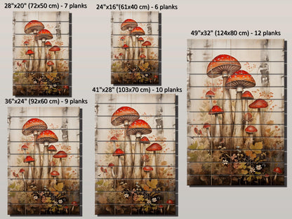 Rustic Wood Wall Art – Mushroom Garden Print on Natural Wood Planks