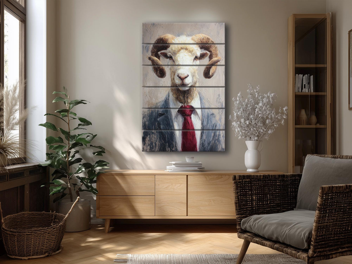 Ram Tie Wood Print – Rustic Animal Wall Art on Natural Wood Panel Decor