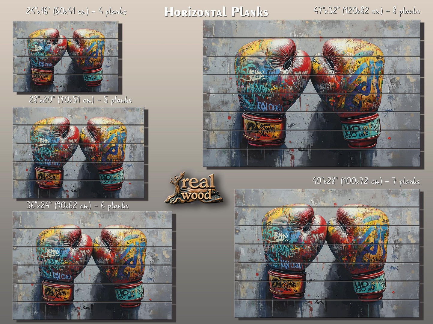 Abstract Boxing Gloves Print On Natural Wood - Sports Wall Art