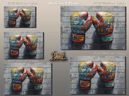 Abstract Boxing Gloves Print On Natural Wood - Sports Wall Art