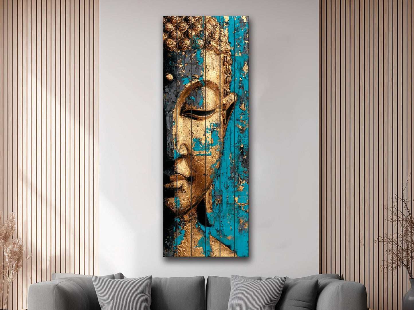 Golden Buddha Wall Art – Turquoise Blue Wooden Print | Rustic Spiritual Decor