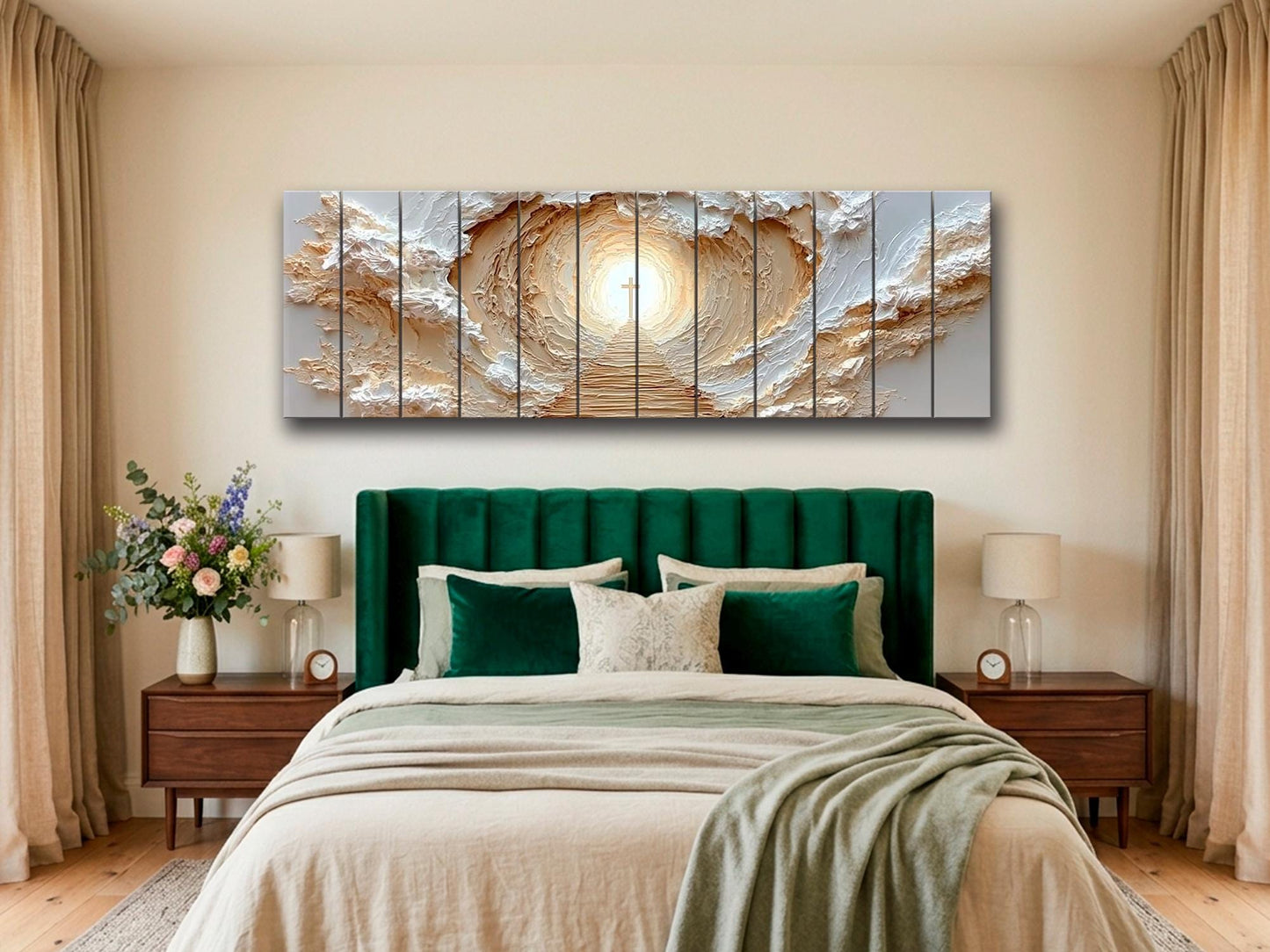 Path to Glowing Cross Print on Natural Wood, Christian Wall Art
