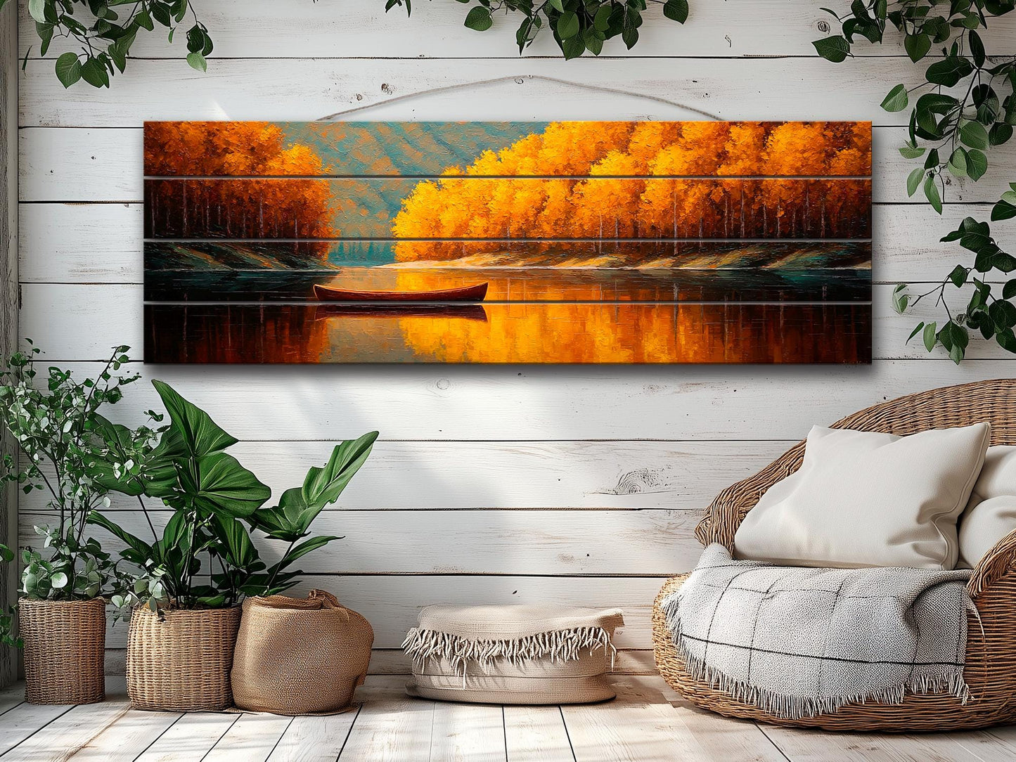 Wood Wall Art – Tranquil Lake Canoe Print on Natural Wood with Rustic Autumn Landscape
