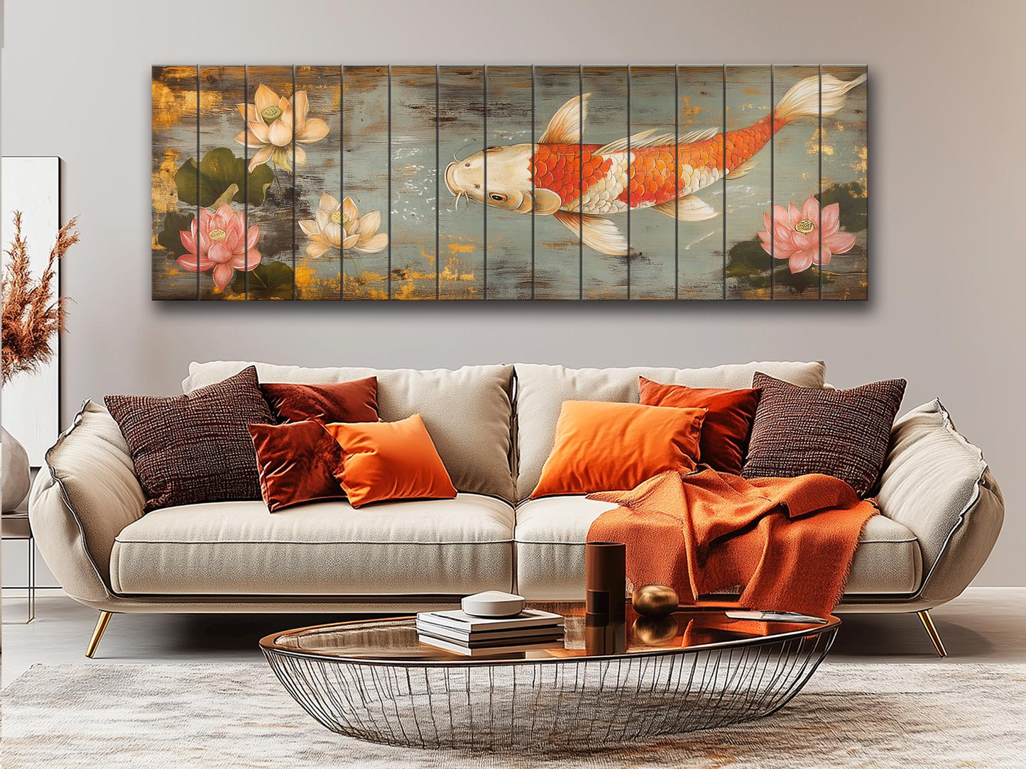 Wood Wall Art - Koi Fish Painting Printed on Wood, Fishing Wall Art, Koi Fish Poster, Fisherman Gift, Cabin Wall Decor, Fishing Lodge Decor