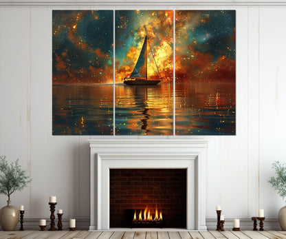 Milky Way Canvas Print – Abstract Galaxy Painting On Cotton Canvas With Sailboat Art