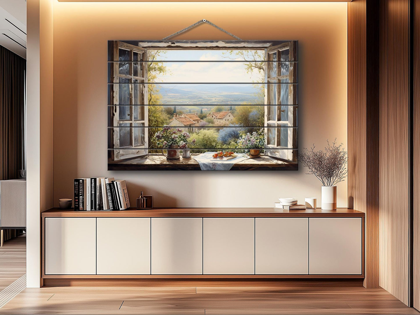 Balkan Landscape Wood Art – Rustic Natural Wood Wall Decor with Window View Painting