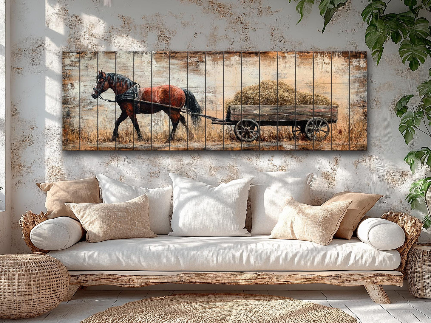Rustic Wood Wall Art - Brown Horse Pulling Wooden Cart with Hay Printed on Natural Wood, Farm Horse Painting, Cabin Wall Decor