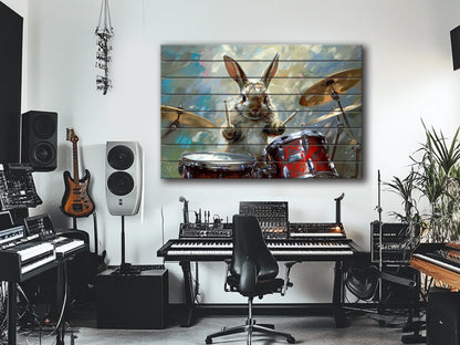 Rabbit Drummer Print on Wood, Funny Rabbit Musician Print, Drummer Gift, Musician Gift, Wood in Interior, Drums Wall Art, Wood Wall Art