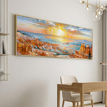 a large, colorful painting of a scenic landscape hanging on a wall, with a wooden desk and chair positioned in front of it.