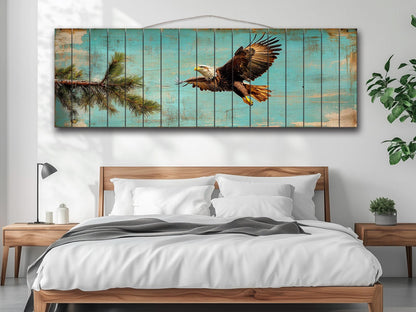 Rustic Wood Wall Art - Abstract American Bald Eagle Painting on Natural Wood Planks