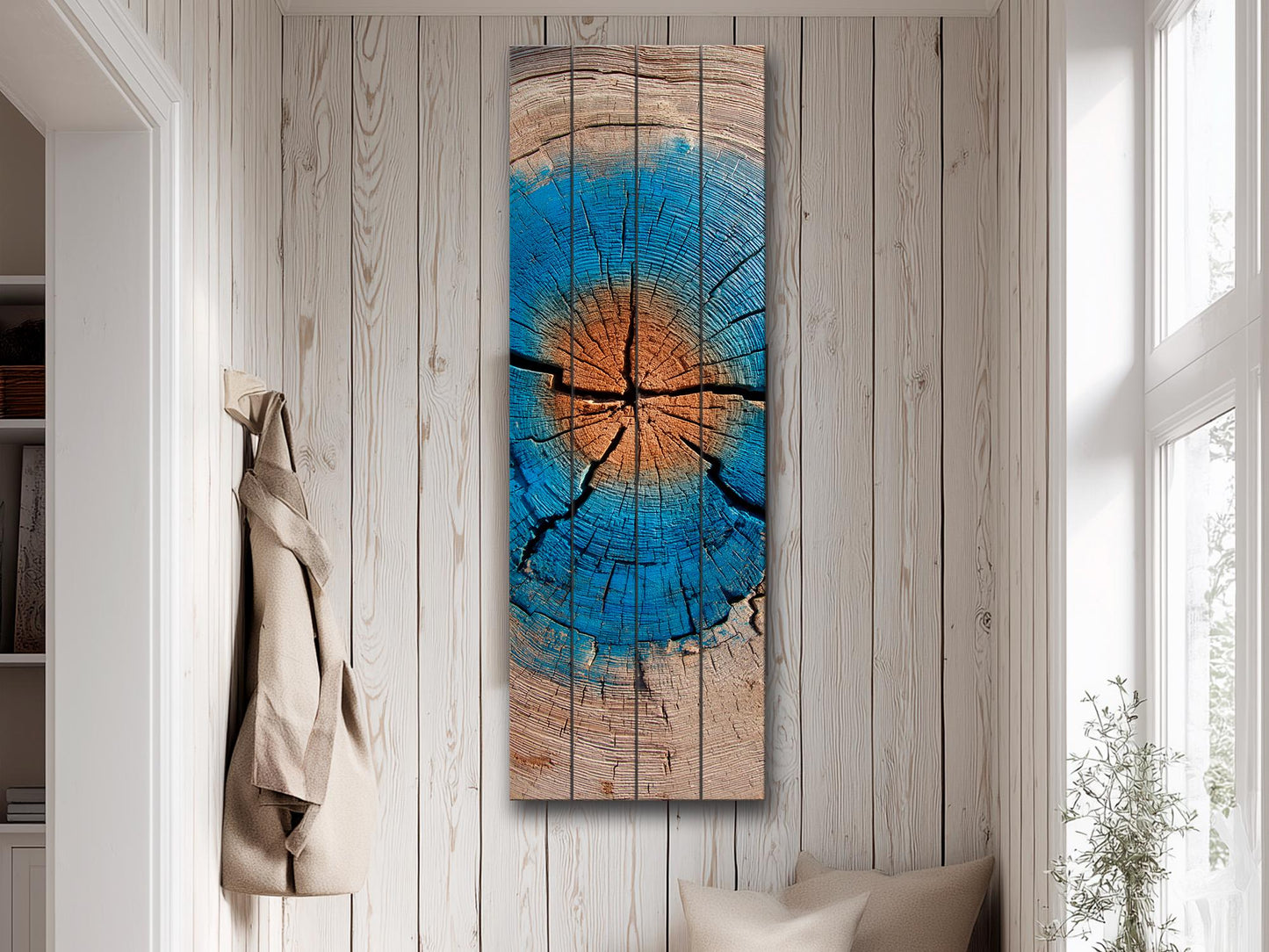 Tree Trunk Wall Art – Rustic Wood Decor With Blue Brown Rings & Natural Texture