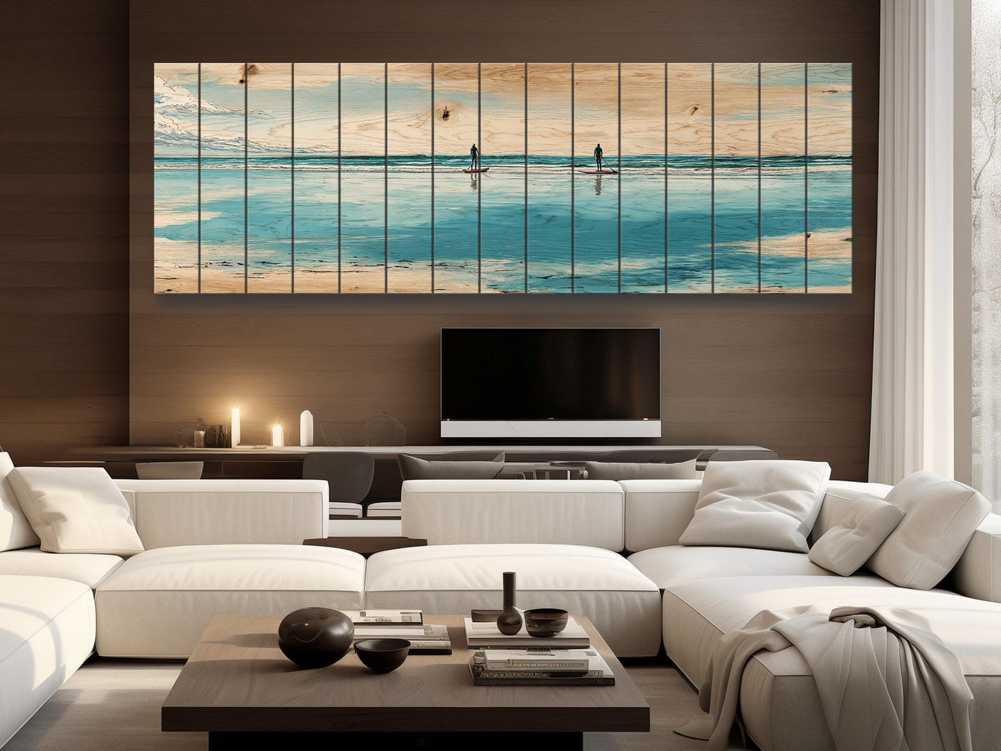 Paddleboarding Wall Art – Nautical Coastal Print on Natural Wood | Rustic Beach House Decor