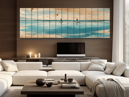 Paddleboarding Wall Art – Nautical Coastal Print on Natural Wood | Rustic Beach House Decor