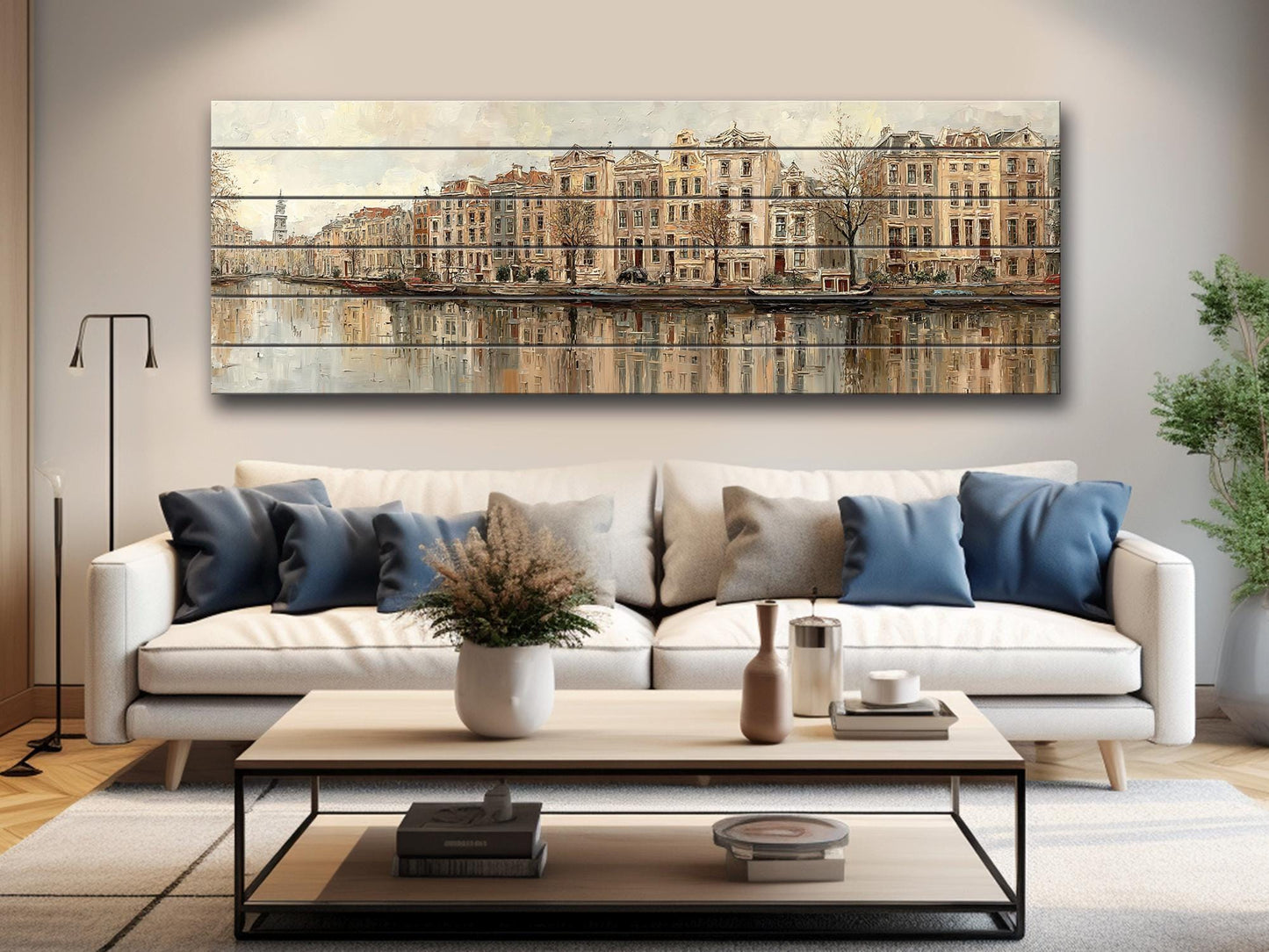 Amsterdam Canal Houses Print – Rustic Wood Wall Art | Beige Panoramic Decor