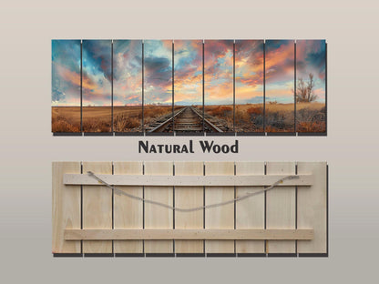 Wood Wall Art – Railway Through Field Print On Natural Wood Plank Decor