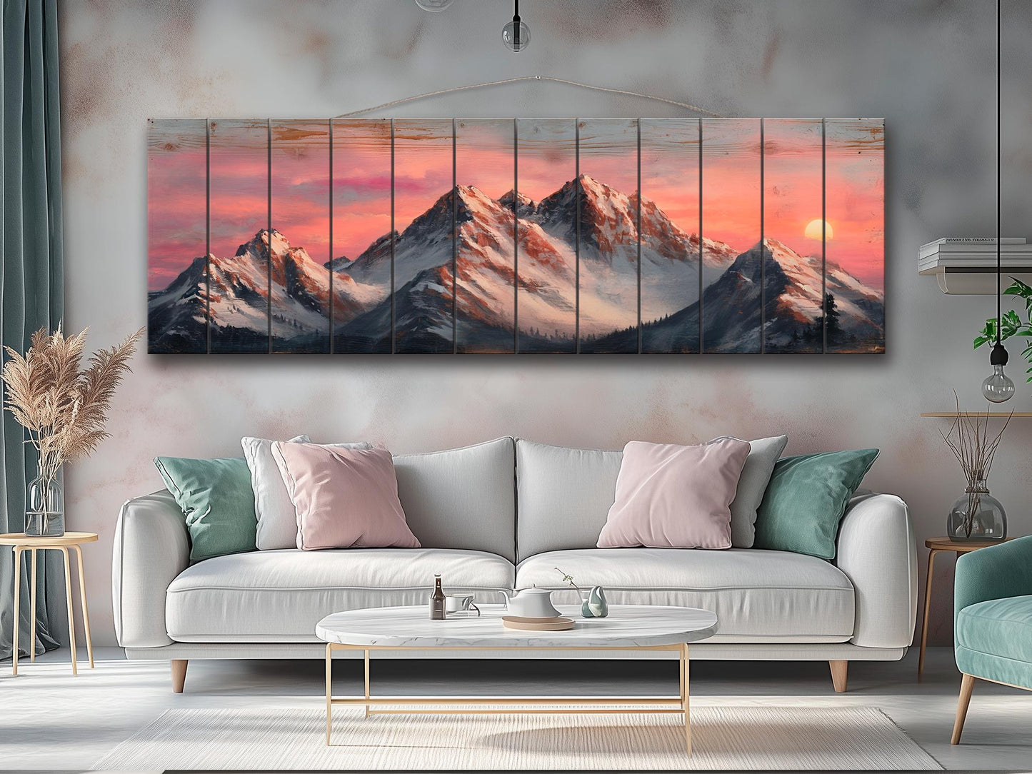Mountain Landscape at Sunset with Snow-Capped Peaks Print on Natural Wood, Mountains Sunset Painting, Mountains Rustic Wood Wall Art