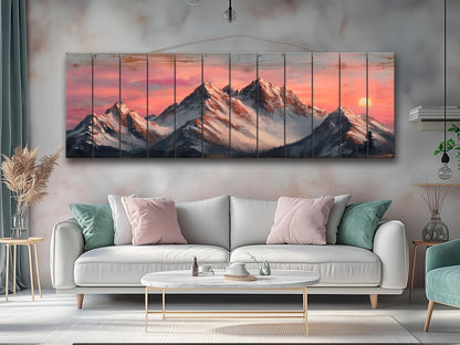 Mountain Landscape at Sunset with Snow-Capped Peaks Print on Natural Wood, Mountains Sunset Painting, Mountains Rustic Wood Wall Art