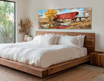 Roseman Bridge Canvas Print, Panoramic Covered Bridge Painting, Large River Wall Art, Framed and Ready to Hang