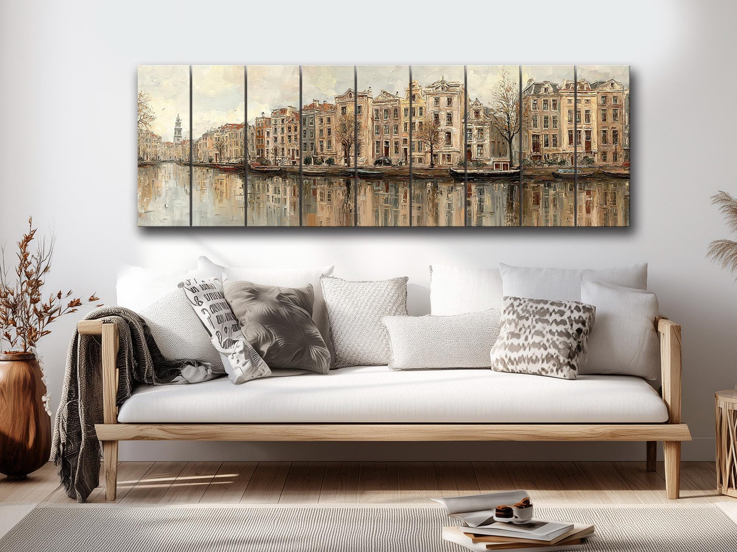 Amsterdam Canal Houses Print – Rustic Wood Wall Art | Beige Panoramic Decor
