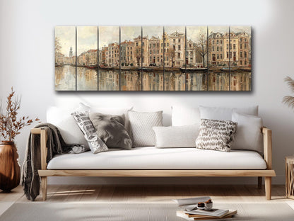 Amsterdam Canal Houses Print – Rustic Wood Wall Art | Beige Panoramic Decor