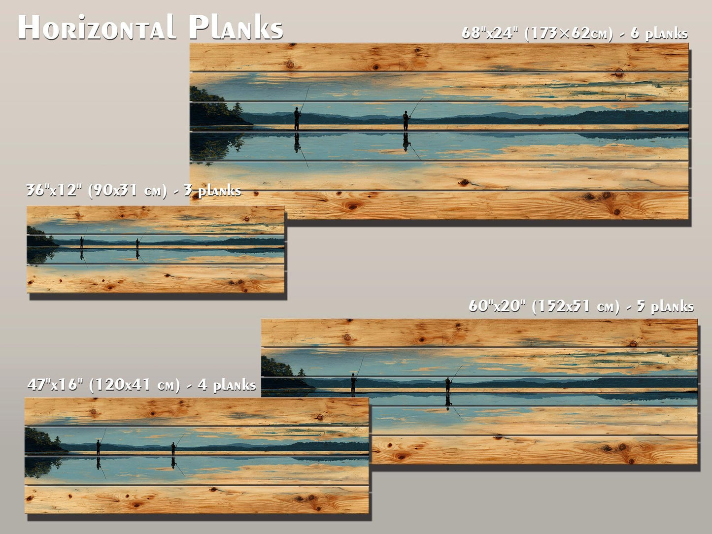 Fly Fishing Lake Print – Rustic Wood Wall Art, Panoramic Cabin Decor