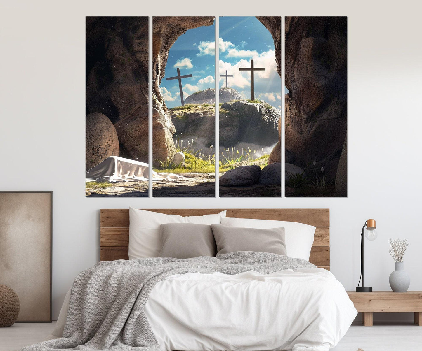 Empty Tomb and Three Crosses Symbolizing Jesus Resurrection Canvas Print, Framed and Ready to Hang