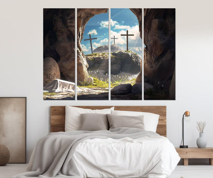 Empty Tomb and Three Crosses Symbolizing Jesus Resurrection Canvas Print, Framed and Ready to Hang