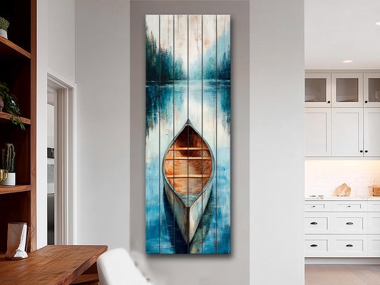 Wood Wall Art – Canoe Lake Painting on Rustic Natural Wood Plank – Nautical Scene Print
