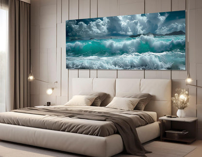 Sea Painting Canvas | Large Ocean Waves Panoramic Wall Art - Ready to Hang