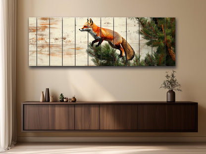 Fox Wall Art – Rustic Wood Wall Art Featuring Fox on Pine Tree Print