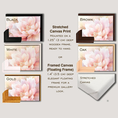 various framed canvas prints in different colors and styles, including black, white, oak, gold, and stretched canvas print.