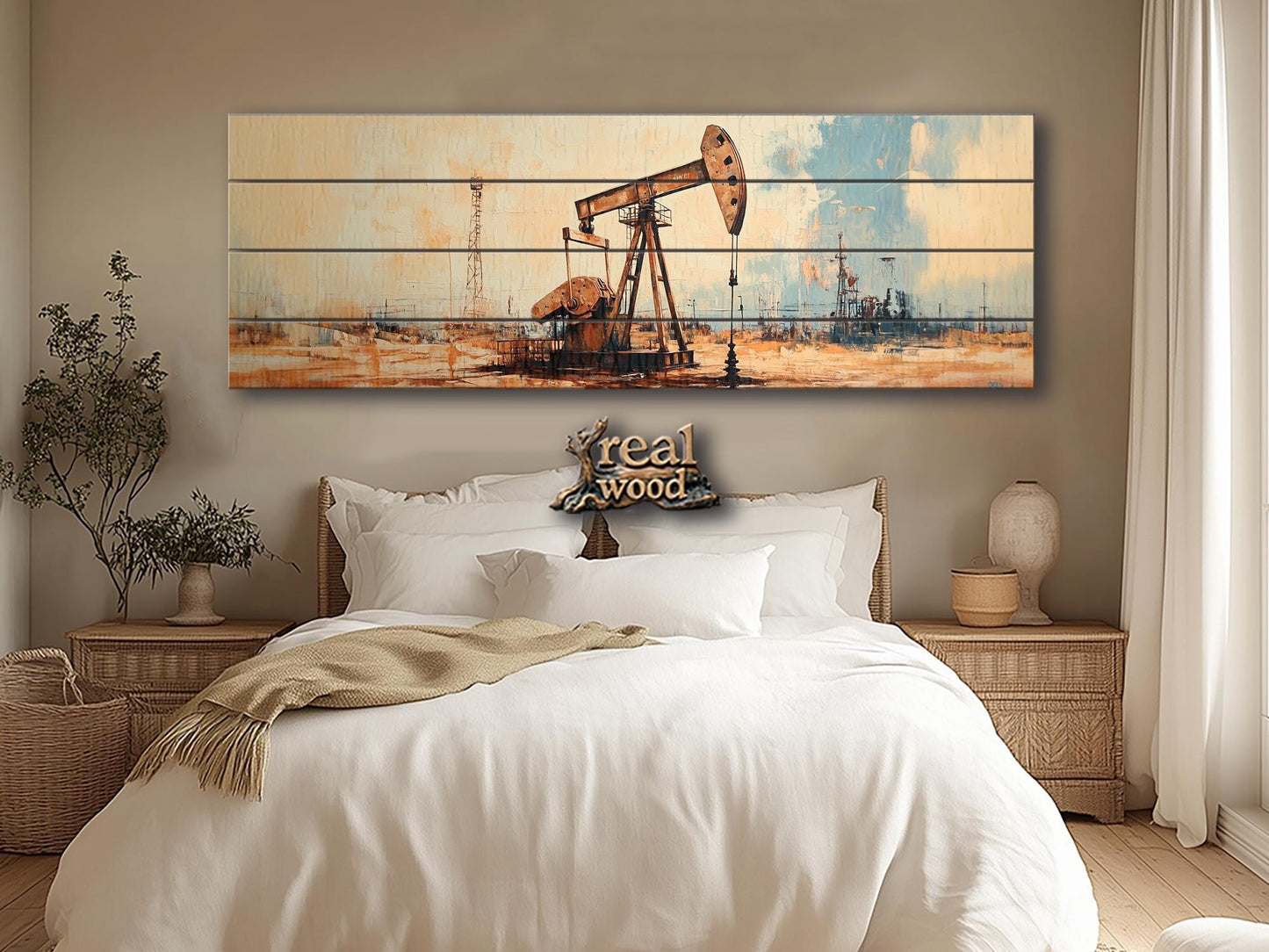 Oil Well Painting – Rustic Wood Print | UV Printed Artwork On Wood, Industrial Wall Decor