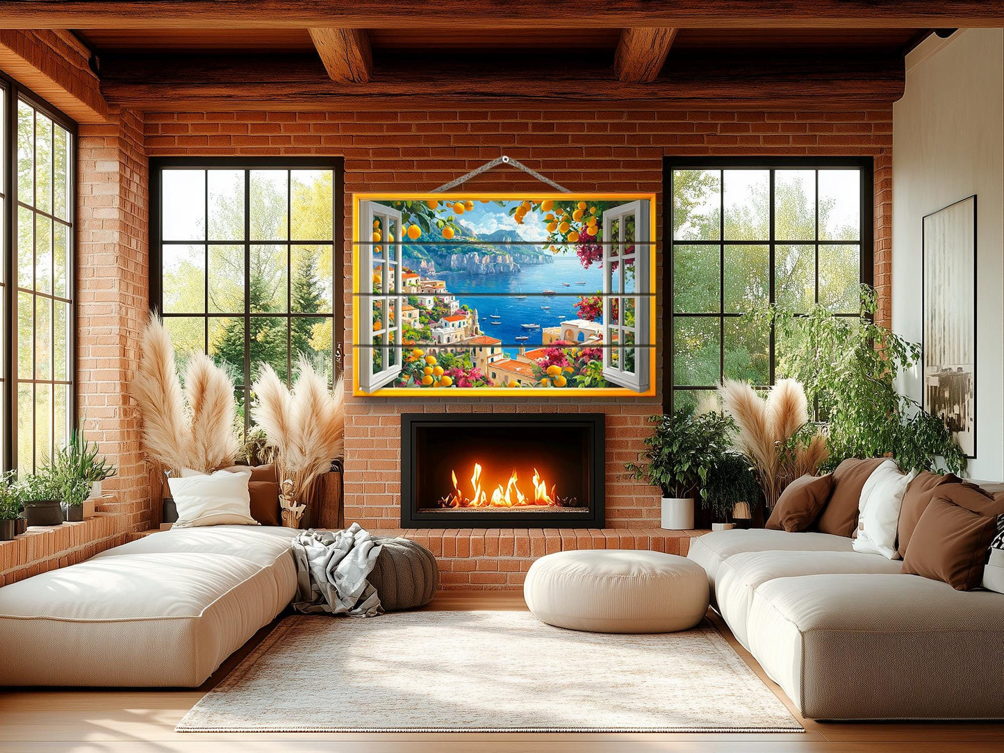 Amalfi Coast Wall Art - Rustic Wood Plank Artwork With Window View Print