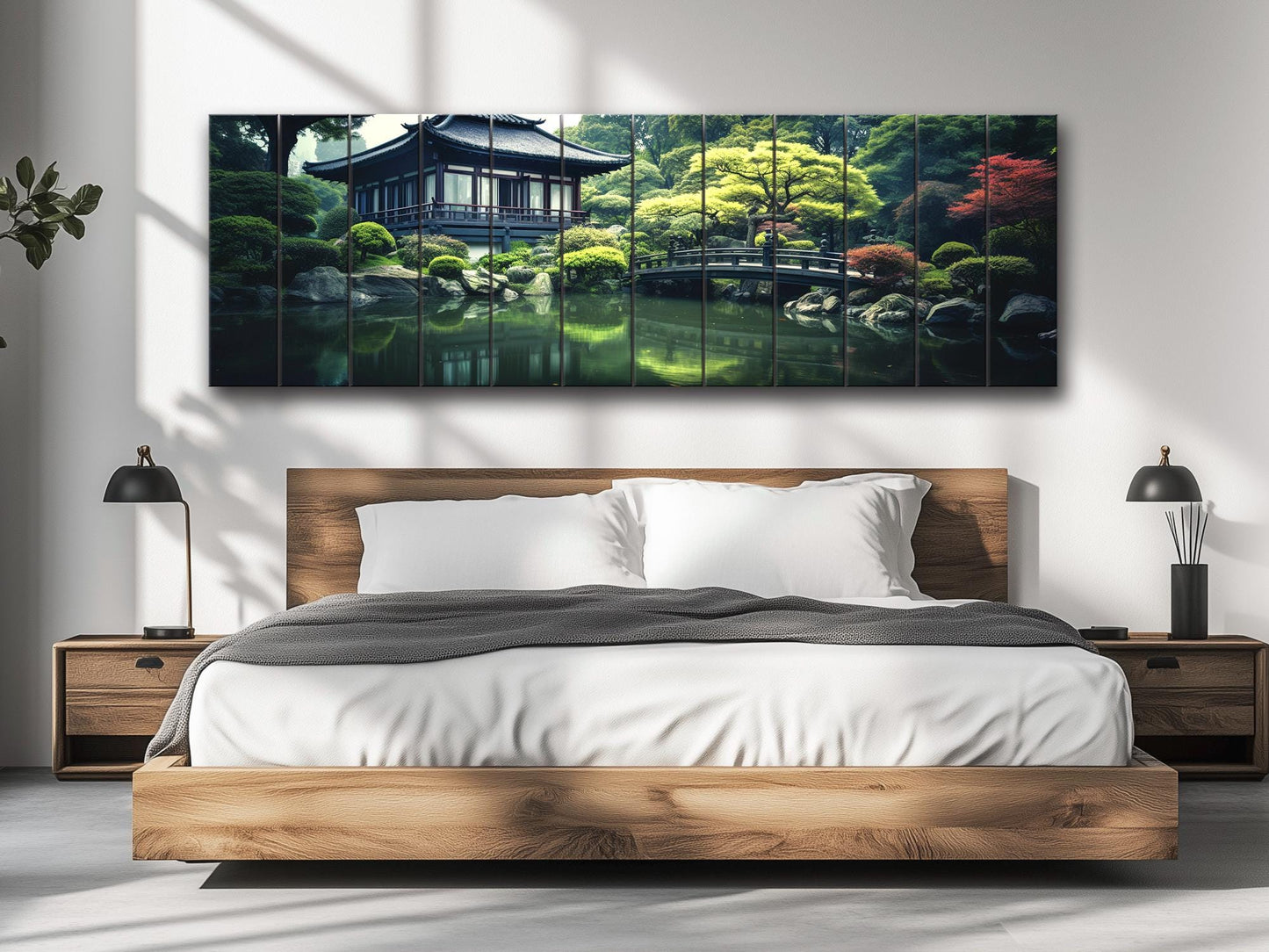 Japanese Wooden Wall Art – House by Pond Print on Natural Wood Panel