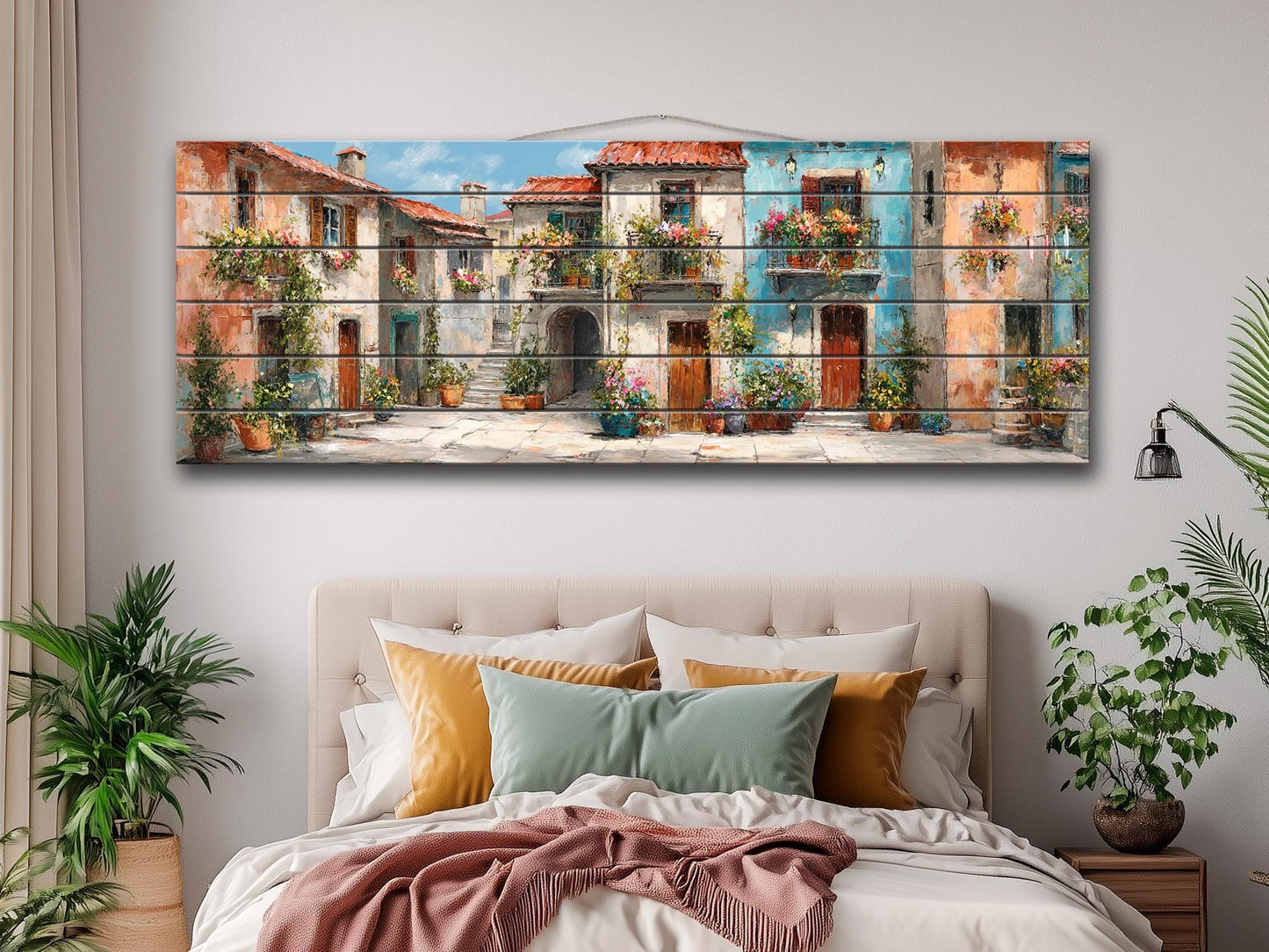 Italian Wood Wall Art - Handcrafted Wood Print Featuring Flower Balcony & Rustic Decor